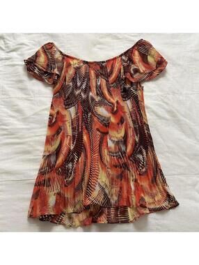 Ashley Stewart Orange yellow abstract print plisse pleat blouse ruffle sleeves